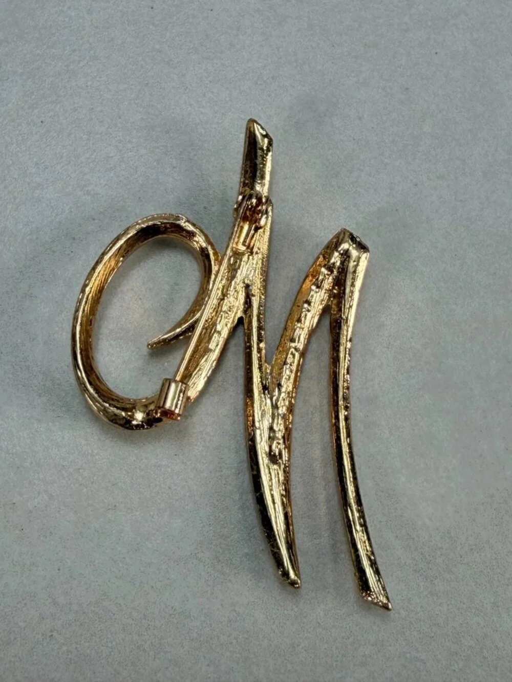 Vintage Letter M Monogram Brooch Gold Tone Clear Rhinestone Initial Pin
